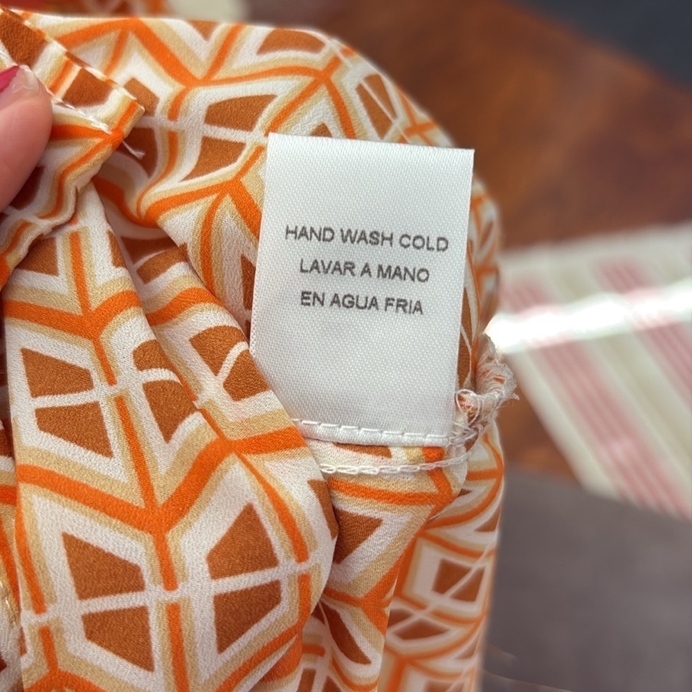 Ellison 70’s Style Orange Patterned Button Down Top Ruching - Picture 6 of 6